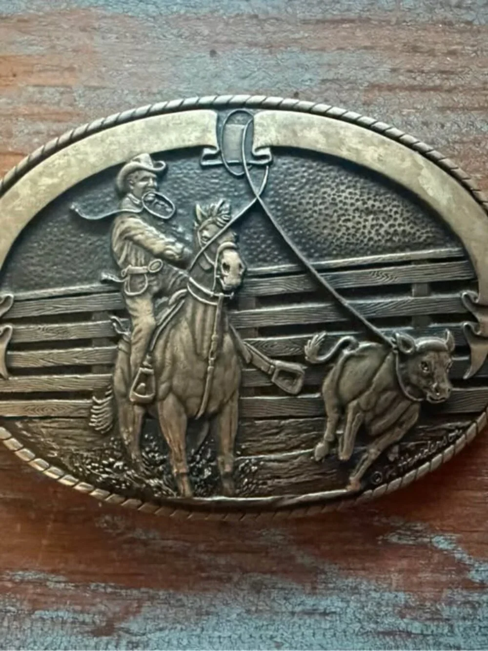 Vintage Tony Lama western rodeo brass belt buckle and Resistol etched belt 44